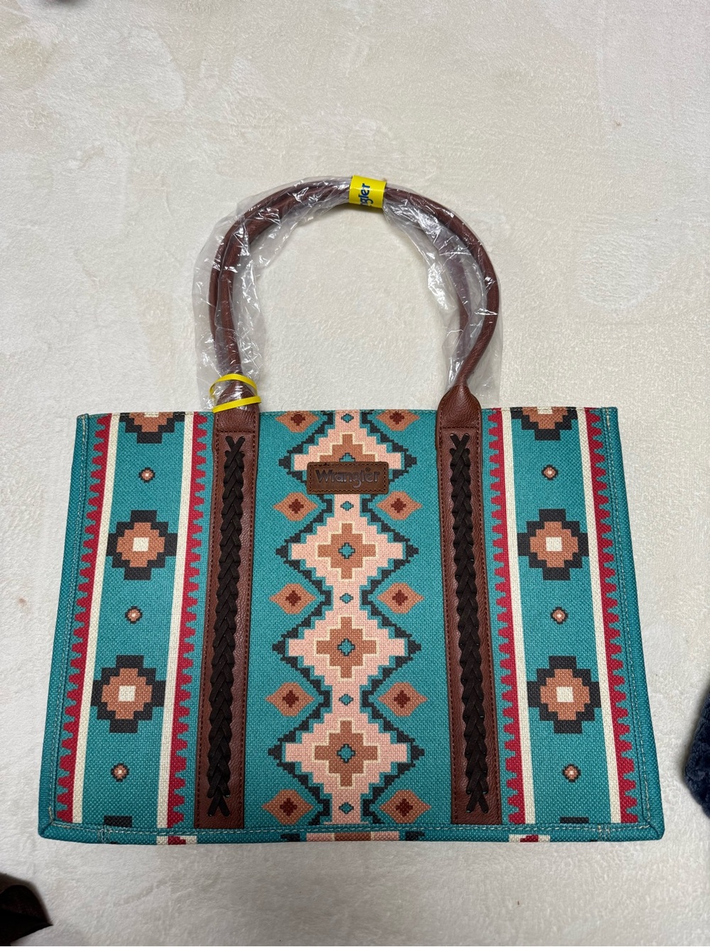 Wrangler Turquoise Aztec Pattern Tote with Brown Trim
